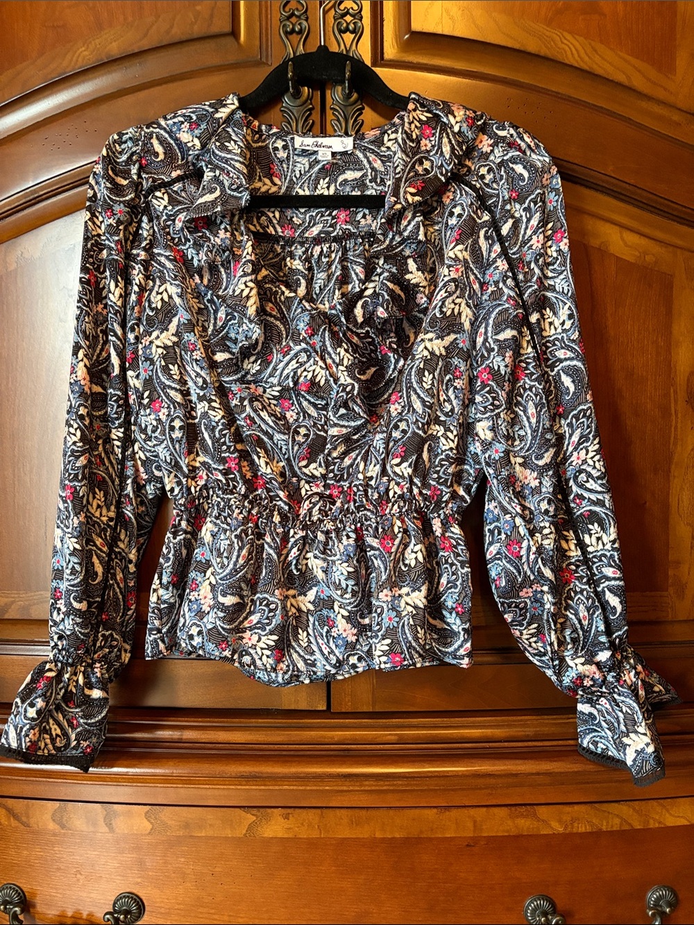 Sam Edelman Paisley Long-Sleeve Blouse - Black with Multicolor Floral Accent, XS